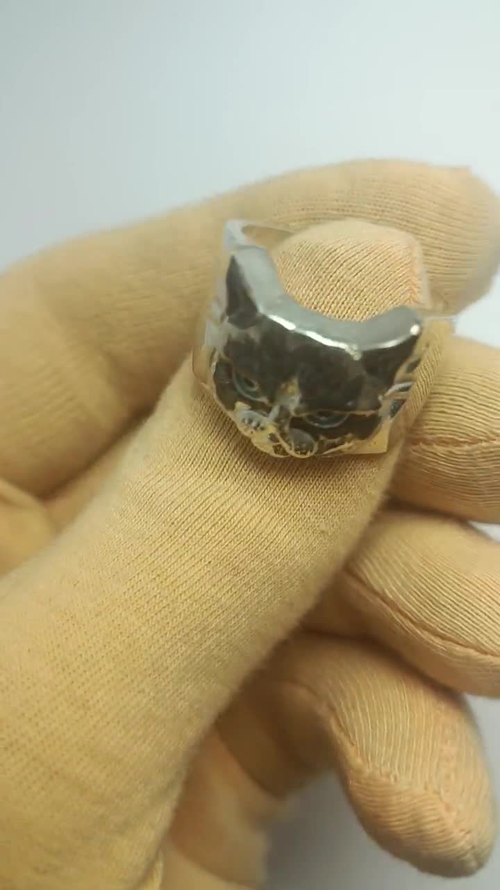 Angry Cat. Sad Cat. Face Silver Animal. Cool Funny Ring 