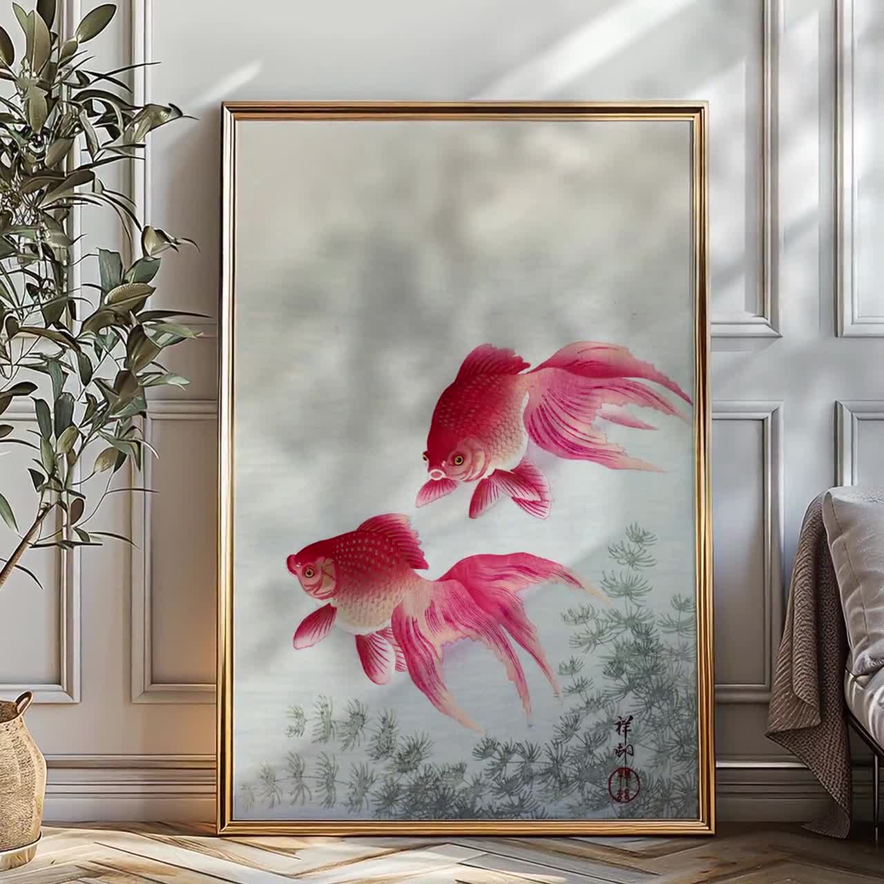 小原古邨作「二匹の金魚」浮世絵版画、マットポスター - Etsy 日本