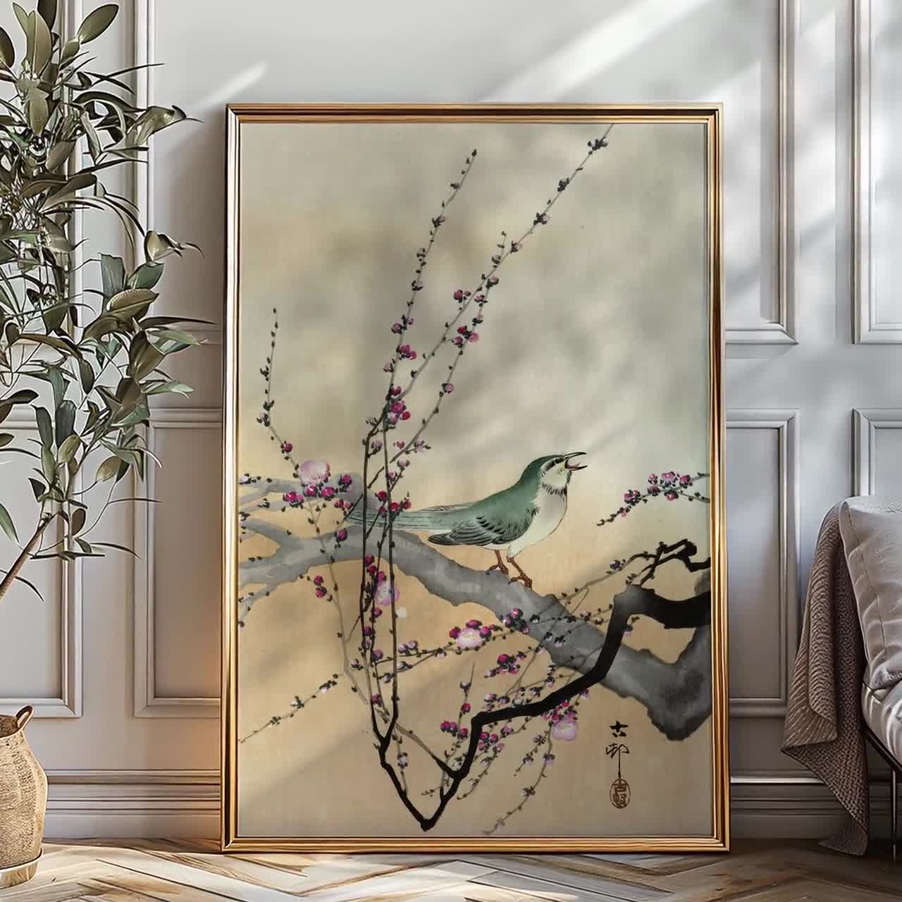 小原古邨作「鳴鳥と梅」。浮世絵版画複製。マットポスター - Etsy 日本