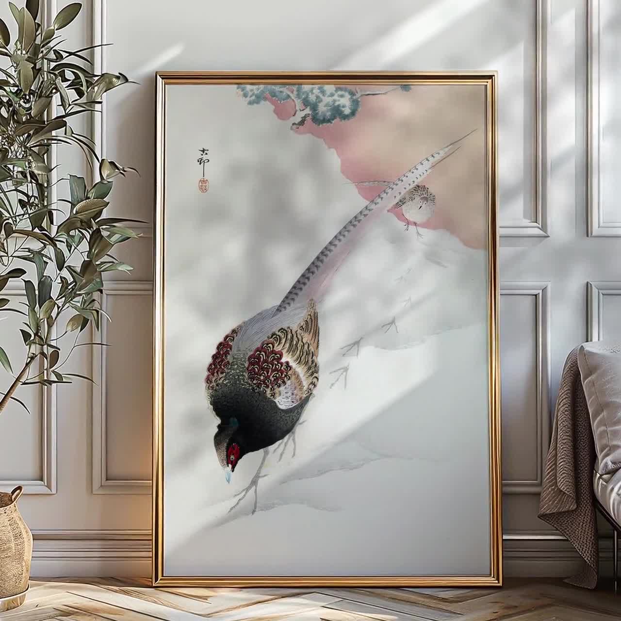 小原古邨作「雪中雉図」。浮世絵版画複製。マットポスター - Etsy 日本