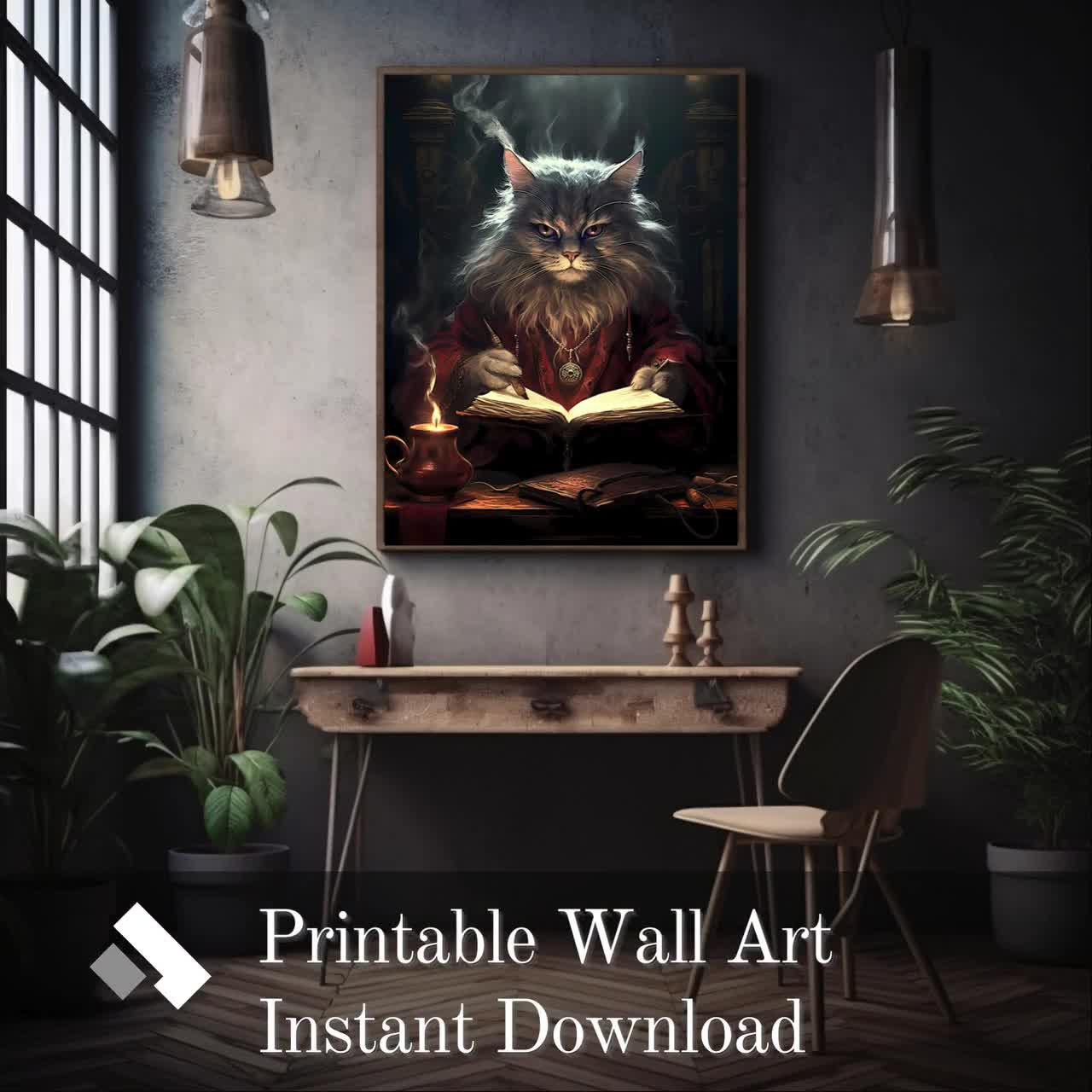 Cat Wizard Printable Wall Art Fantasy Wall Decor Artwork Mystic Gothic  Poster Moody Dark Room Decoration Quirky Cat Portrait Sorcerer Print