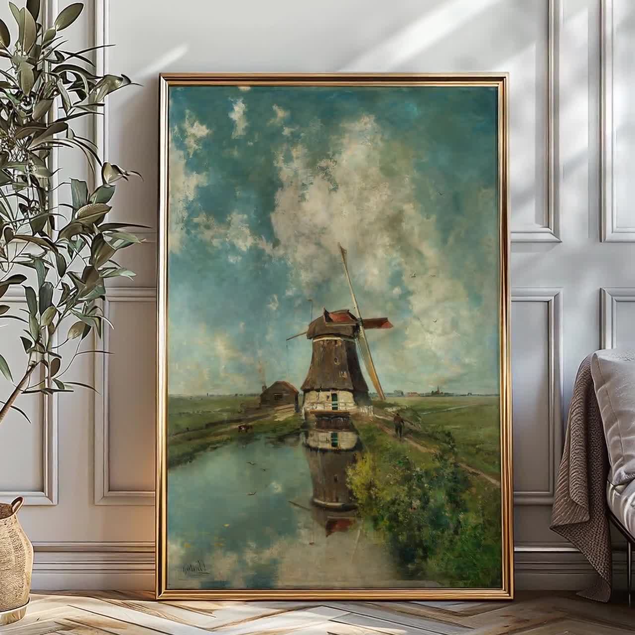 ポール・ガブリエルによる19世紀のオランダの古い風車の絵画。ファイン