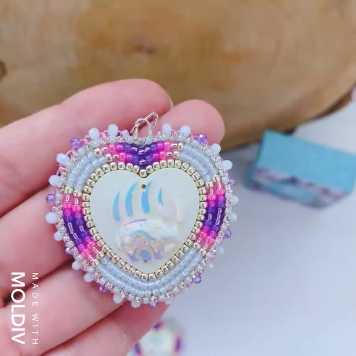 White Beadwork Heart Earrings Pink Purple Bear Paw Jewelry