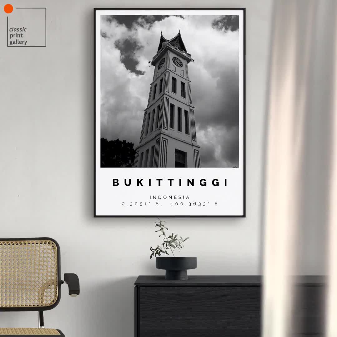Bukittinggi Poster Black and White Print, Bukittinggi Wall