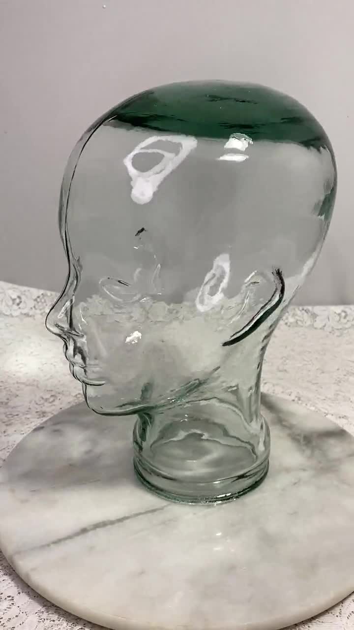 original and intact american made industrial greenish aqua colored pressed  glass male mannequin head for wig or hat display