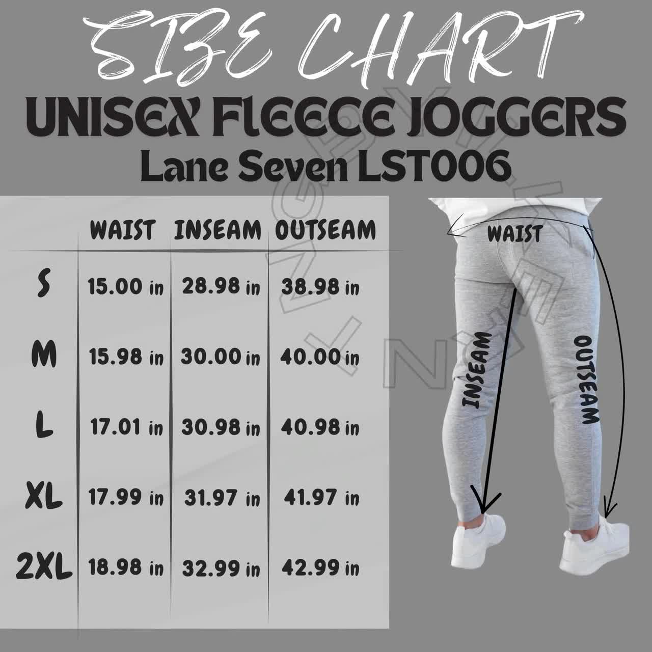 Unisex Fleece Joggers Size Chart | Size Chart for Unisex Fleece