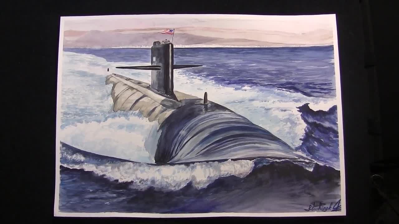 Submarine Painting Watercolor Original Art US Navy Painting Seascape Ocean Artwork Nautical Wall Art by AlinaArtsGallery