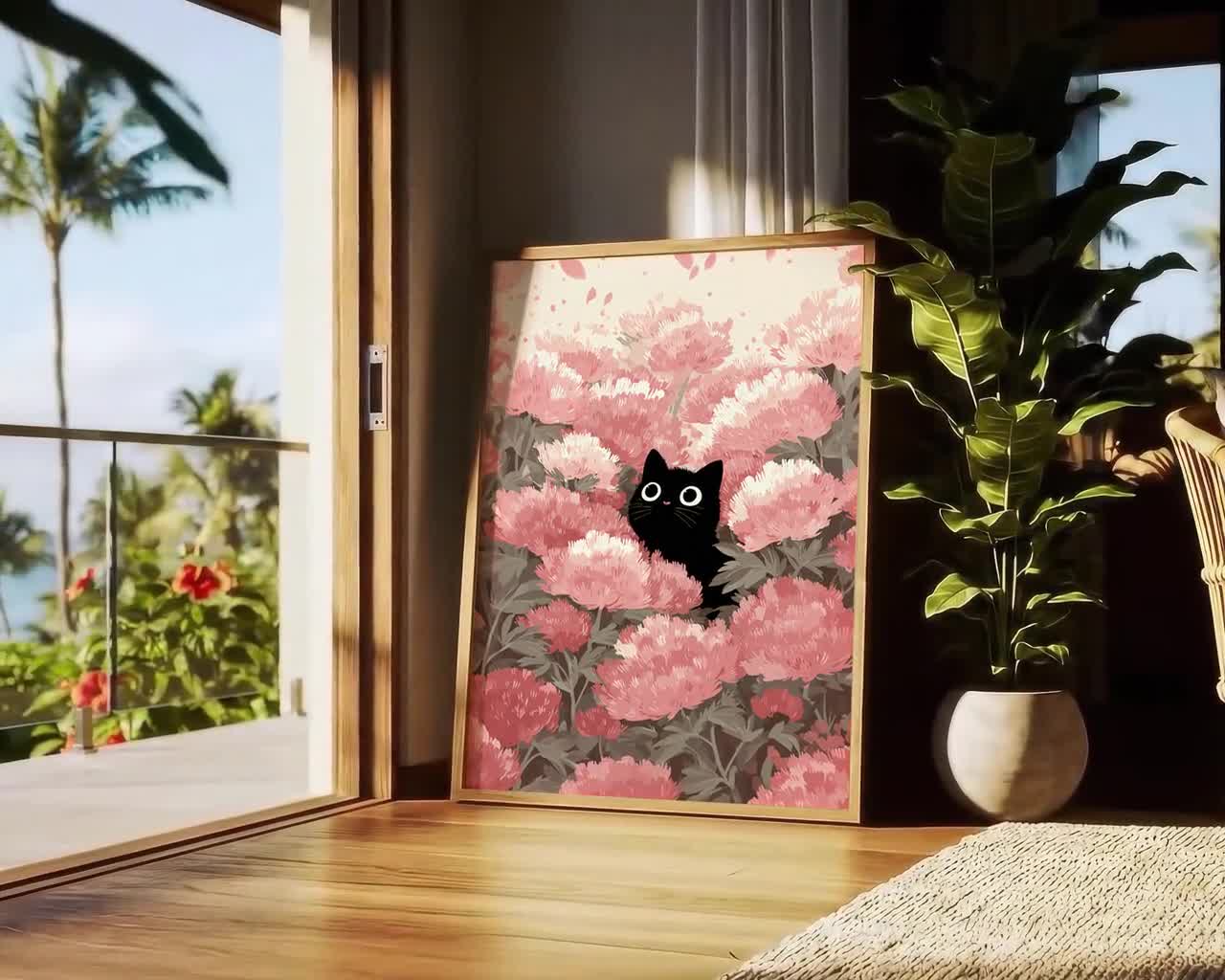 Black Cat Peonies Print – Whimsical Floral Wall Art - Etsy