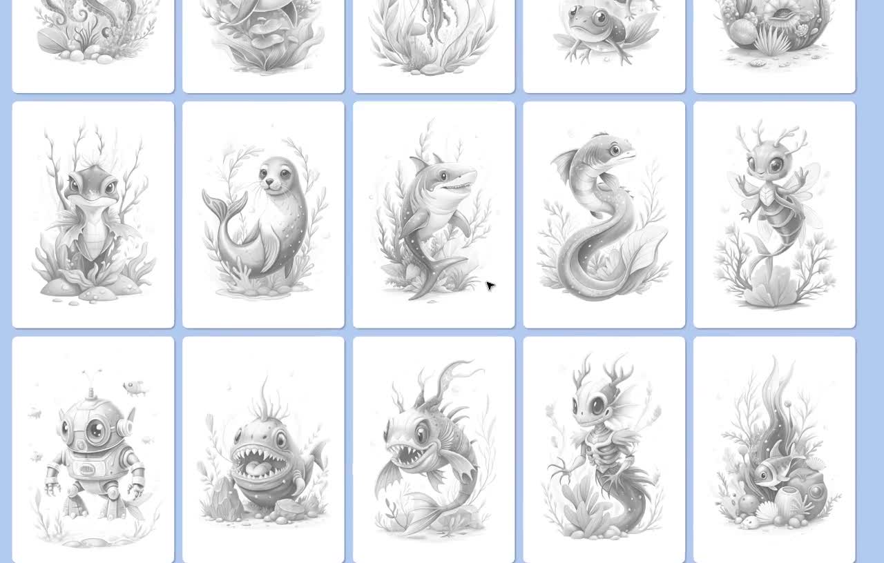 Libro para colorear en escala de grises sobre la vida marina, criaturas marinas (15 páginas) (PDF) video poster