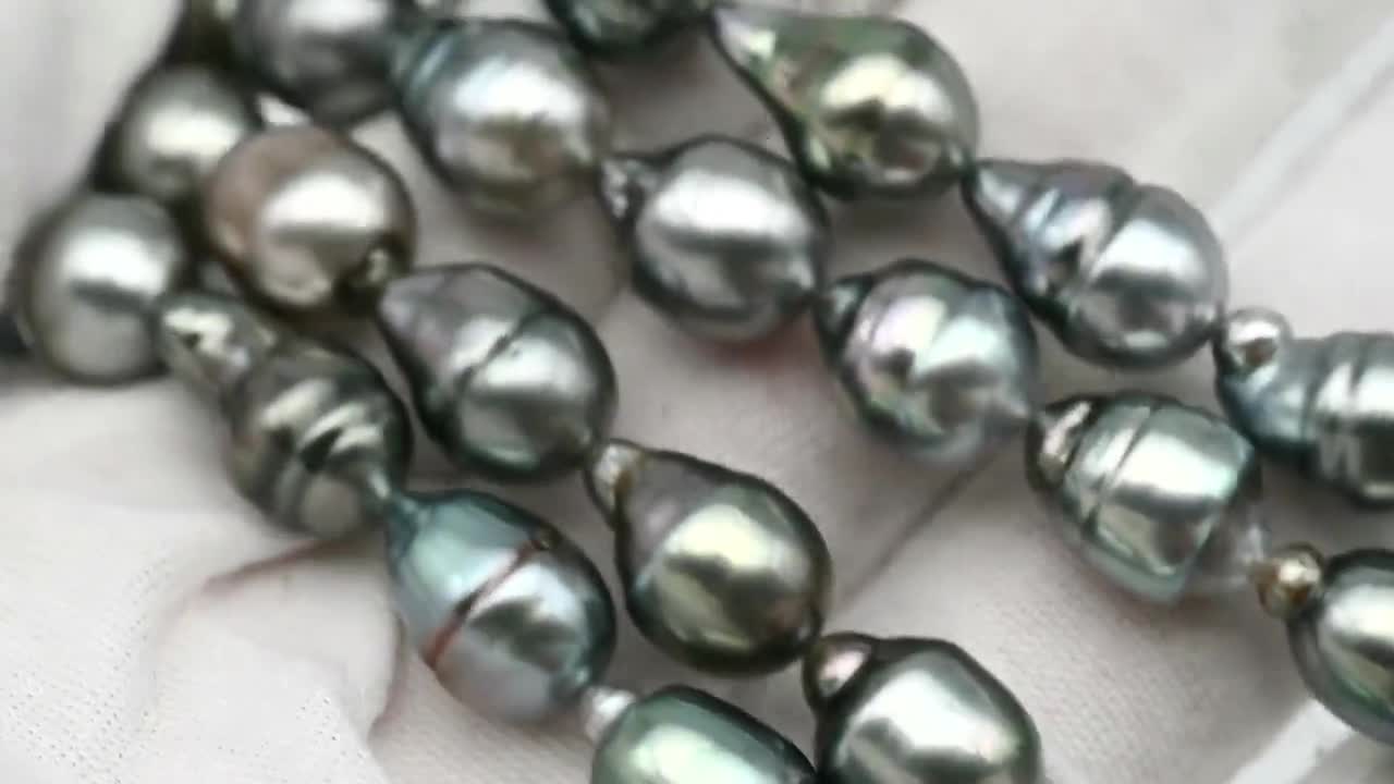 9～10 mm ドロップ タヒチ パール フルストランド、シルバー ブルー