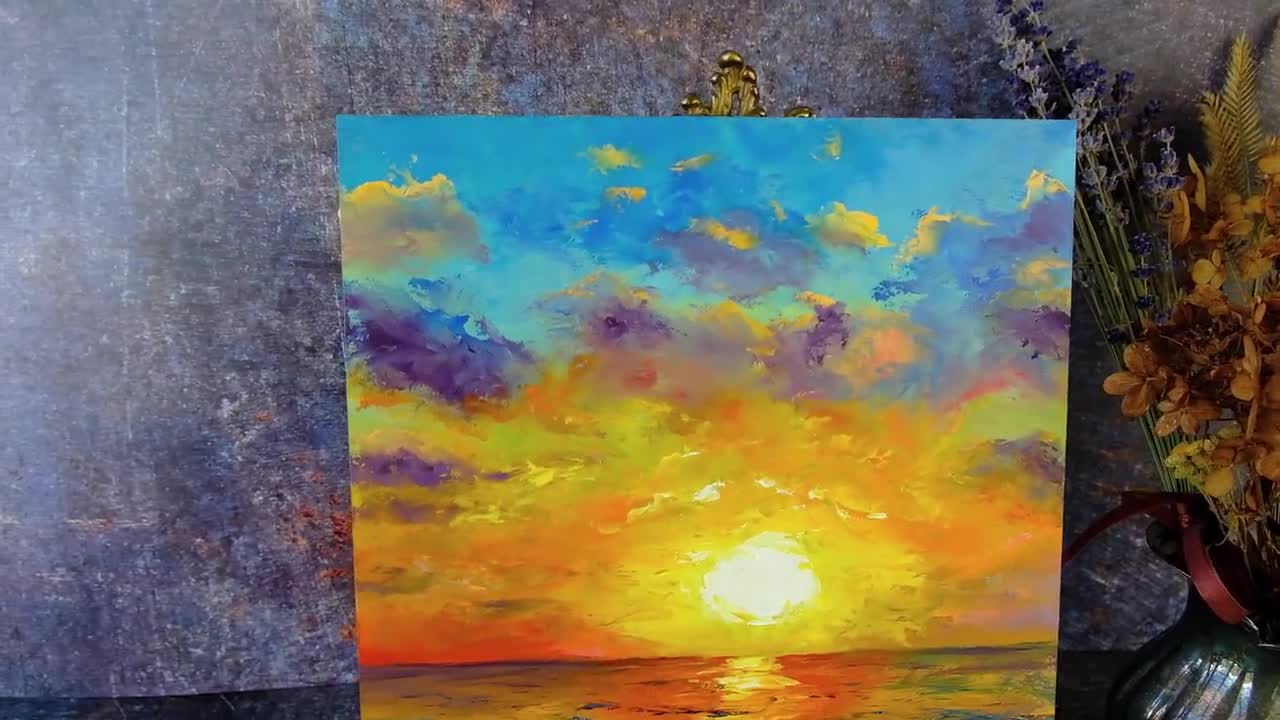 Sunrise Ocean Painting ORIGINAL Art Seascape Artwork Oil Sunset