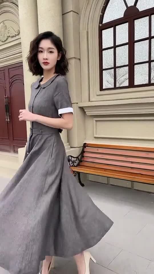 Linen Shirt Dress, Grey Midi Swing Dress, Shirt Dress Women