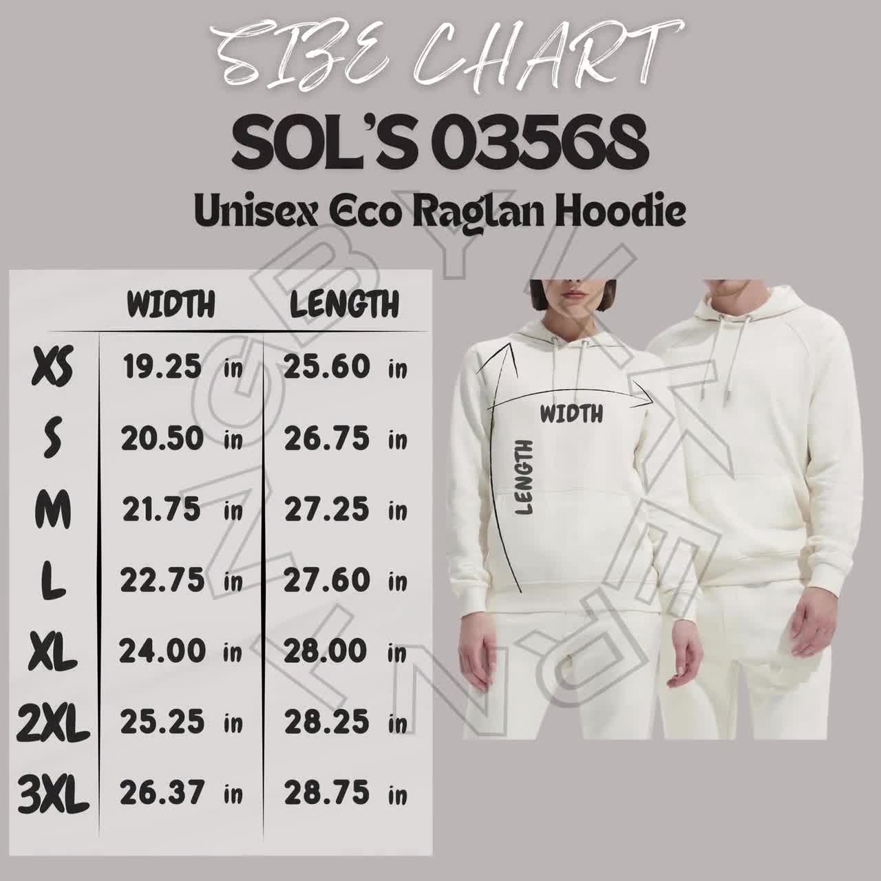 melona Sサイズ Hoodie Size Chart I SOLS 03568 Size Chart I Unisex Eco Raglan