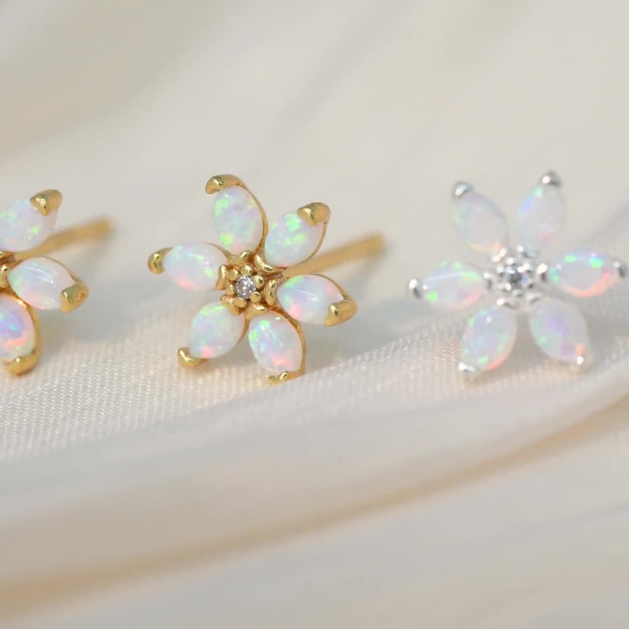 White Opal Flower Stud Earrings,dainty Flower Earring