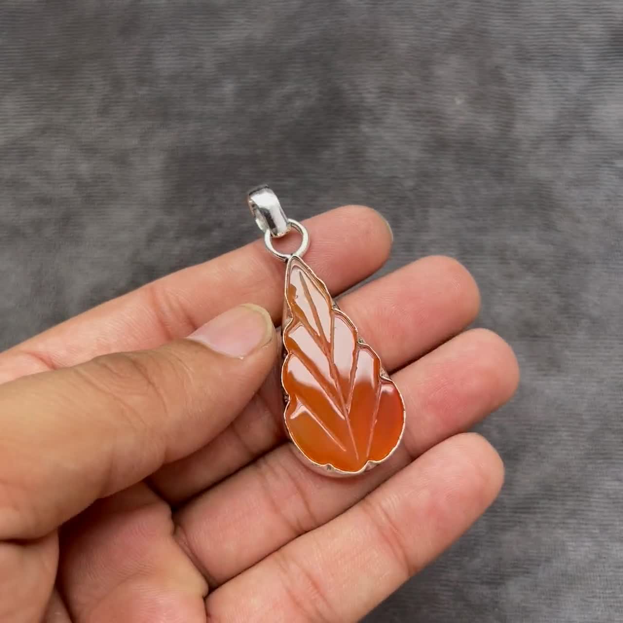 Handmade Carved Carnelian Leaf Pendant: 925 Sterling Silver