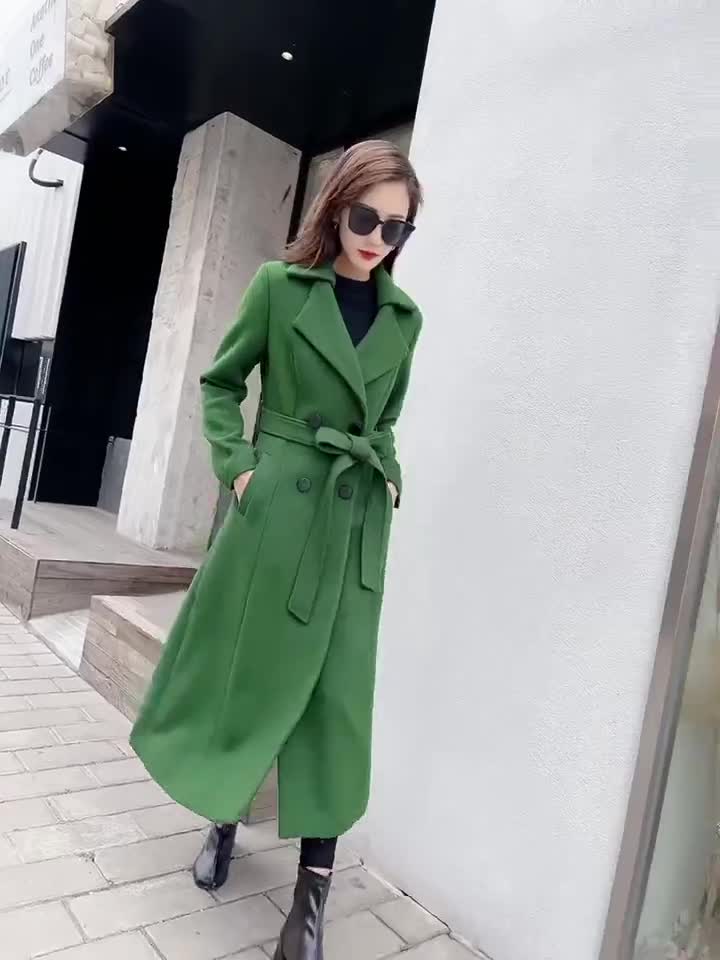 British Style Long Wool Coat in Green, Warm Coat Women, Vintage Winter Coat,  Fit and Flare Solid Coat, Maxi Soft Wool Coat With Belt 2842 