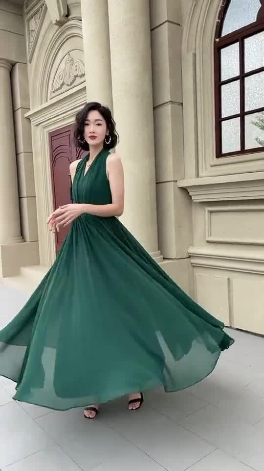 Chiffon Wedding dress, Green Chiffon dress, Hanging Neck Chiffon maxi dress, Bridesmaid dress, Womens Chiffon swing dress, Xiaolizi 5175#