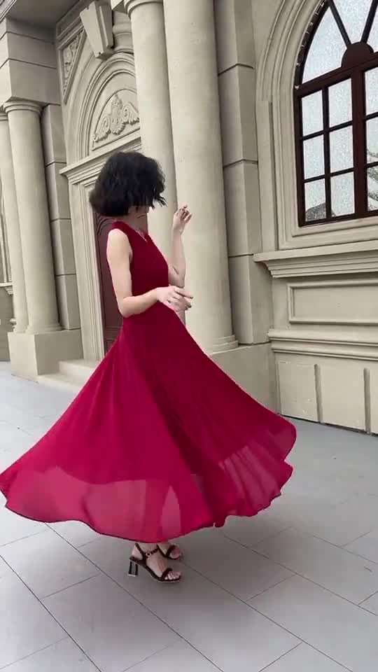 Burgundy sleeves summer prom chiffon dress 5173