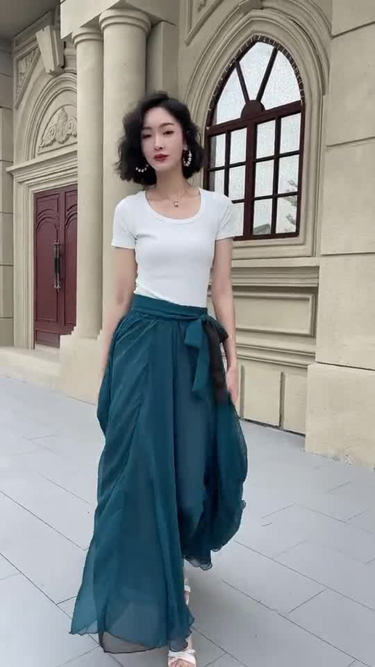 Turquoise Chiffon Maxi Skirt, Summer Reversible Chiffon