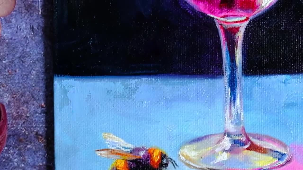 ジャンナ・ヴィトコフスカ作「バンブルビーとワイングラス」油絵