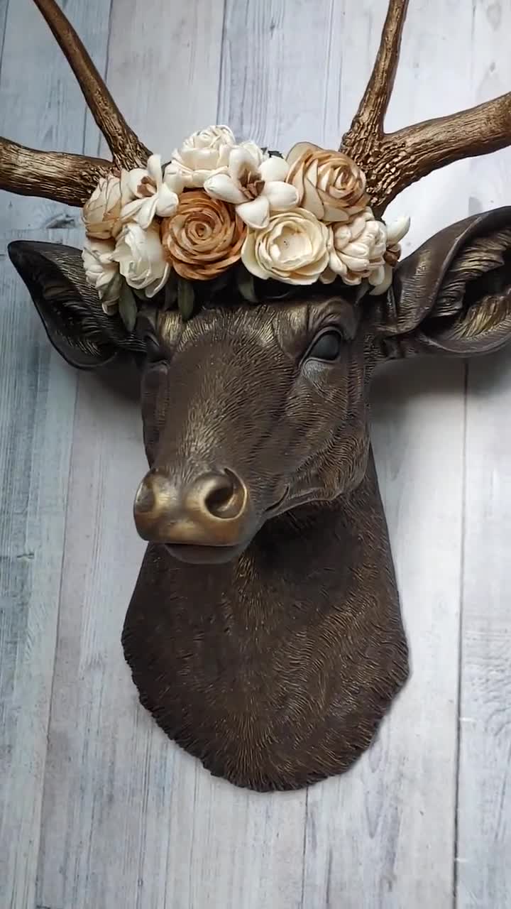 Faux Taxidermy Deer Head Wall Mount, Floral Crowned Stag Wall