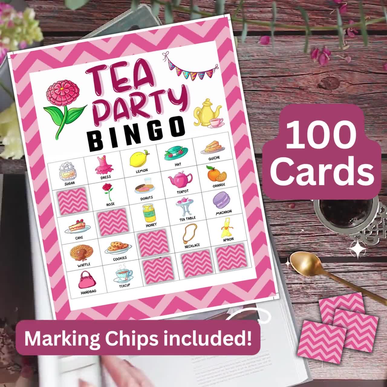100 carte da gioco Tea Party Bingo, divertente attività per feste a tema  compleanno, gioco stampabile per l'ora del tè in giardino, gioco  rompighiaccio per ragazze rosa PDF per bambini 