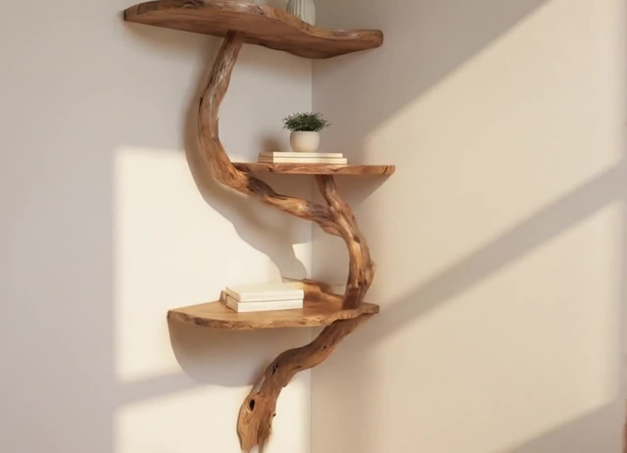 手作りの流木コーナー本棚：壁掛け用木の枝棚 - Etsy 日本