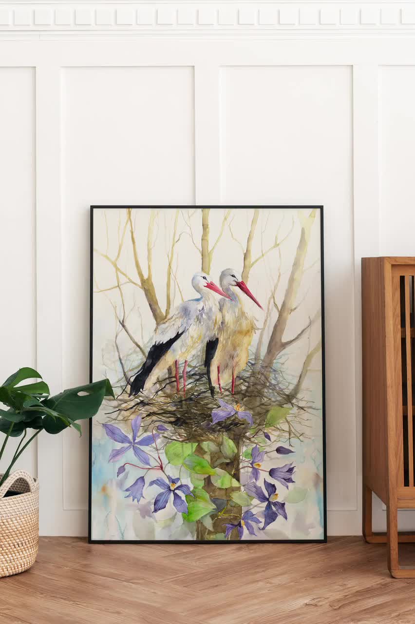 美しいコウノトリのジクレーアートプリント、水彩画の鳥の巣の壁飾り