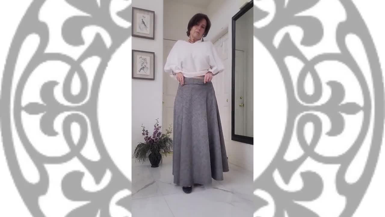 AMAL MUSLIM. Long Gray Plaid Maxi Skirt, Bias Cut A-line Skirt