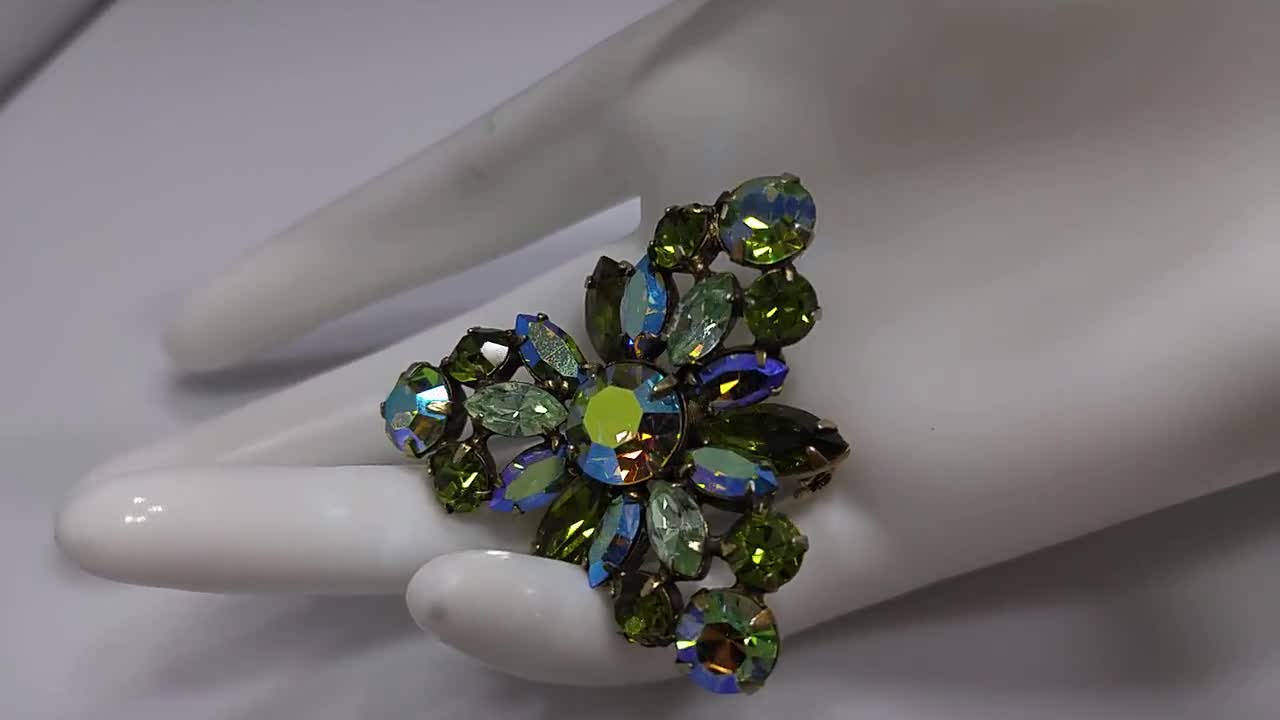 Regency Blue Green Triangular Brooch, Aurora Borealis, 1960s Vintage Jewelry