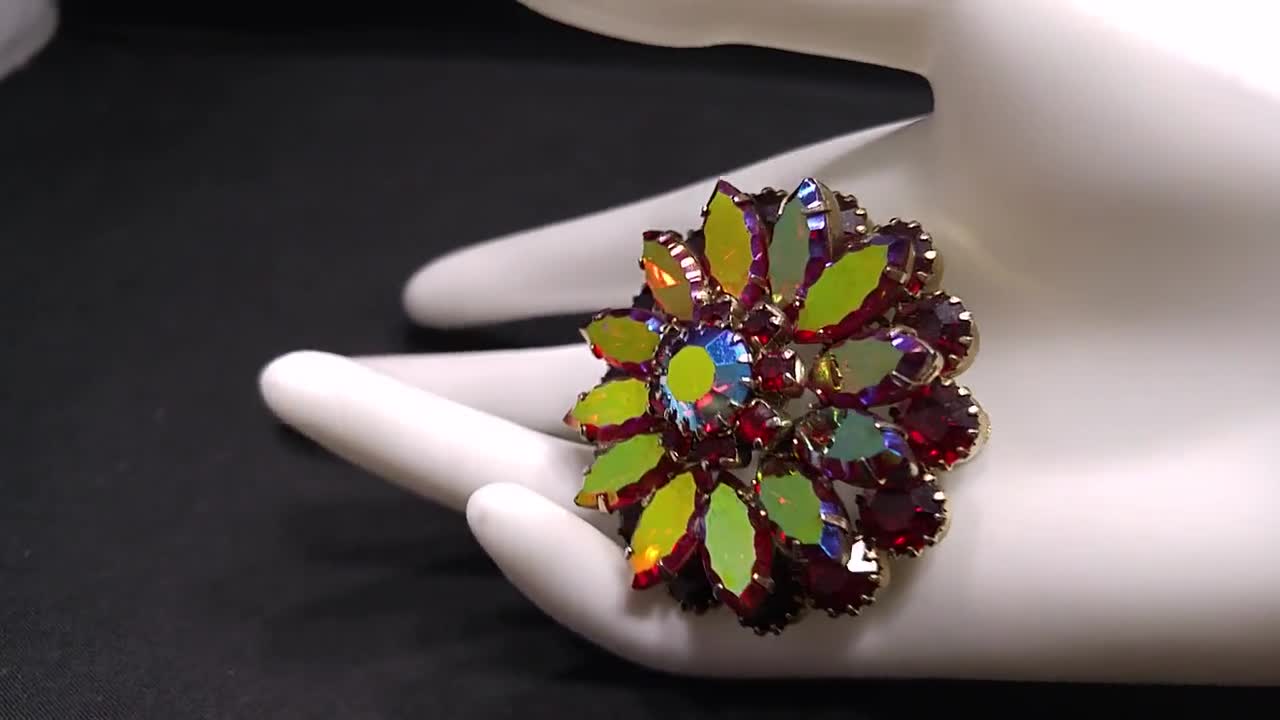 Red Rhinestone Floral Brooch, Aurora Borealis, 1960s Vintage