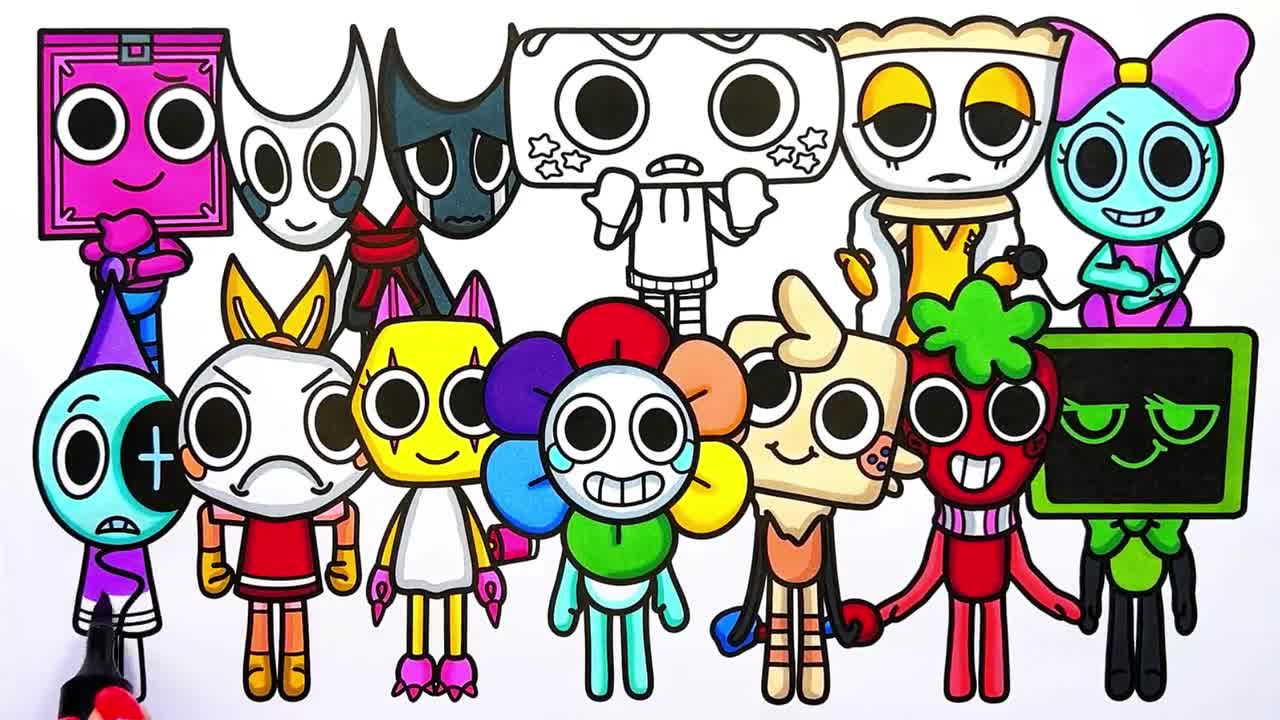 子供の絵 4キャラクター A4サイズ ぬり絵ページ 1ページ PNG と 1ページ PDF A4サイズ / デジタル