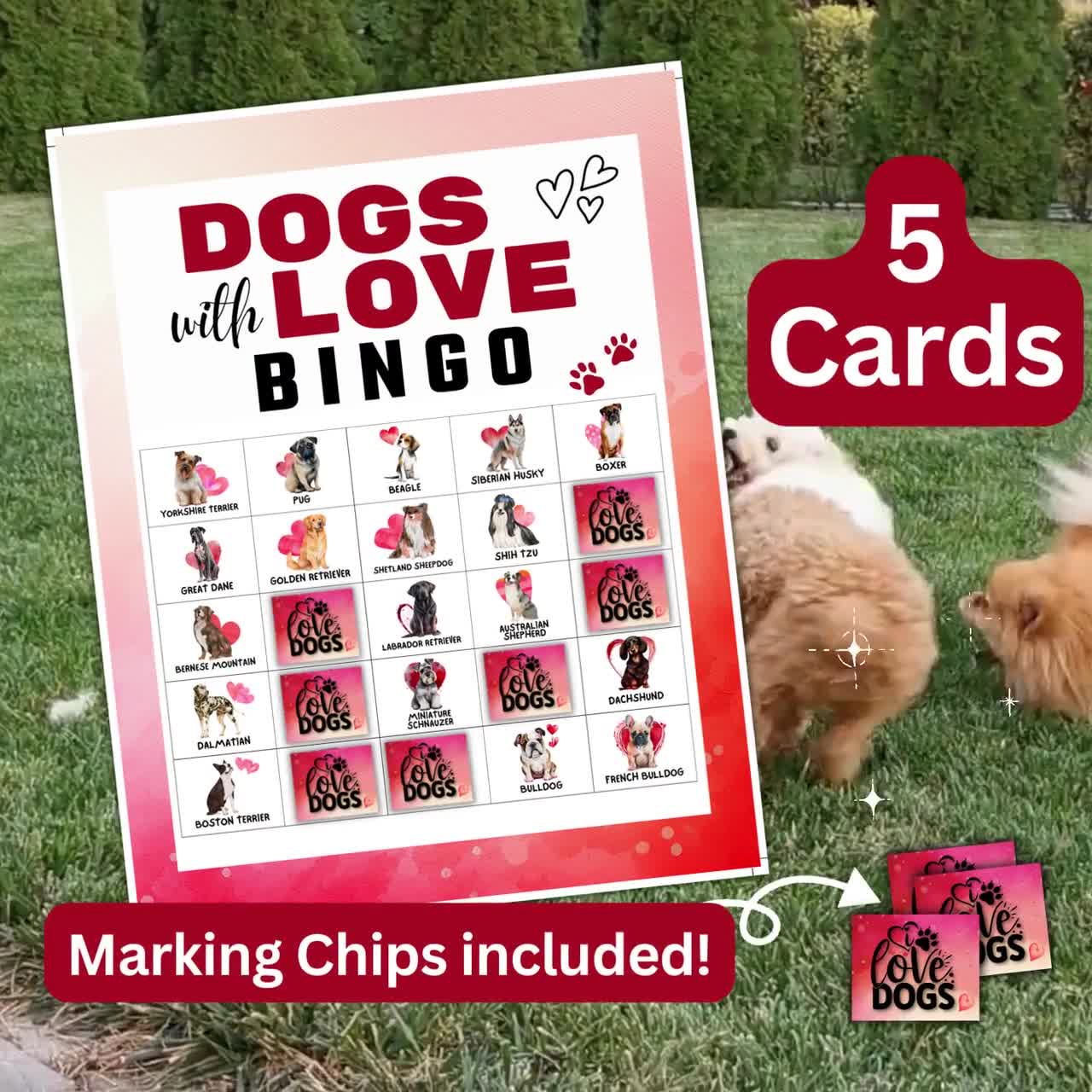 5 Dog Breeds Bingo Game Card, Dogs with Love Watercolor Theme Party  Activity, International Dog Day PDF Sheet Printable, for Kid and Adult