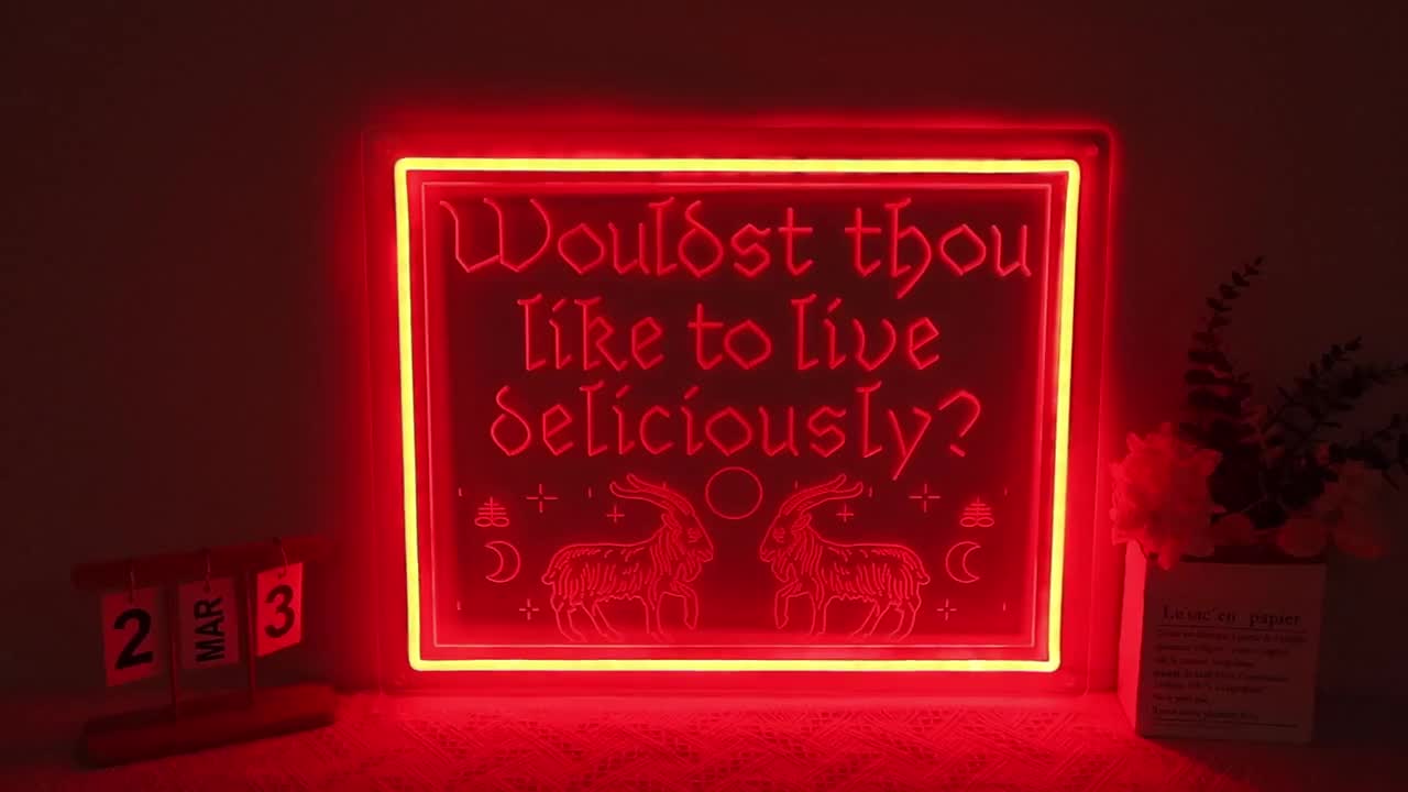 "Wouldst Thou Like To Live Deliciously?" Neon Sign - Pink LED, Gothic Horror Decor, Vintage Font