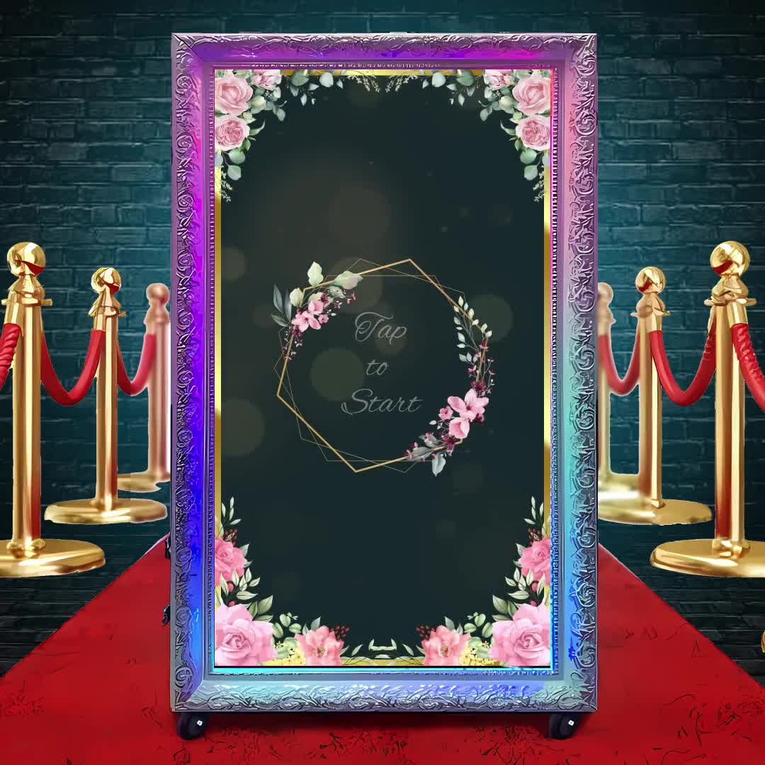 Touch to Start Photobooth Animation Wedding floral Magic Mirror Photo Booth  Tap to Start Screen Overlay MP4 Format Welcome Screen pink green, image size:1080x1080