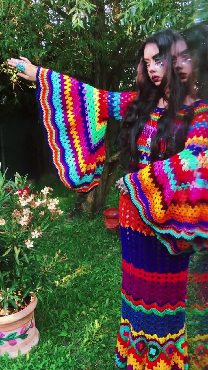 rainbow crochet dress long sleeve Boho Hand-knitted Dress,crochet Colorful Mini Dress,crochet Oversized Dress,crochet Long Sleeve Dress,beach Bikini Cover up Dress,festival