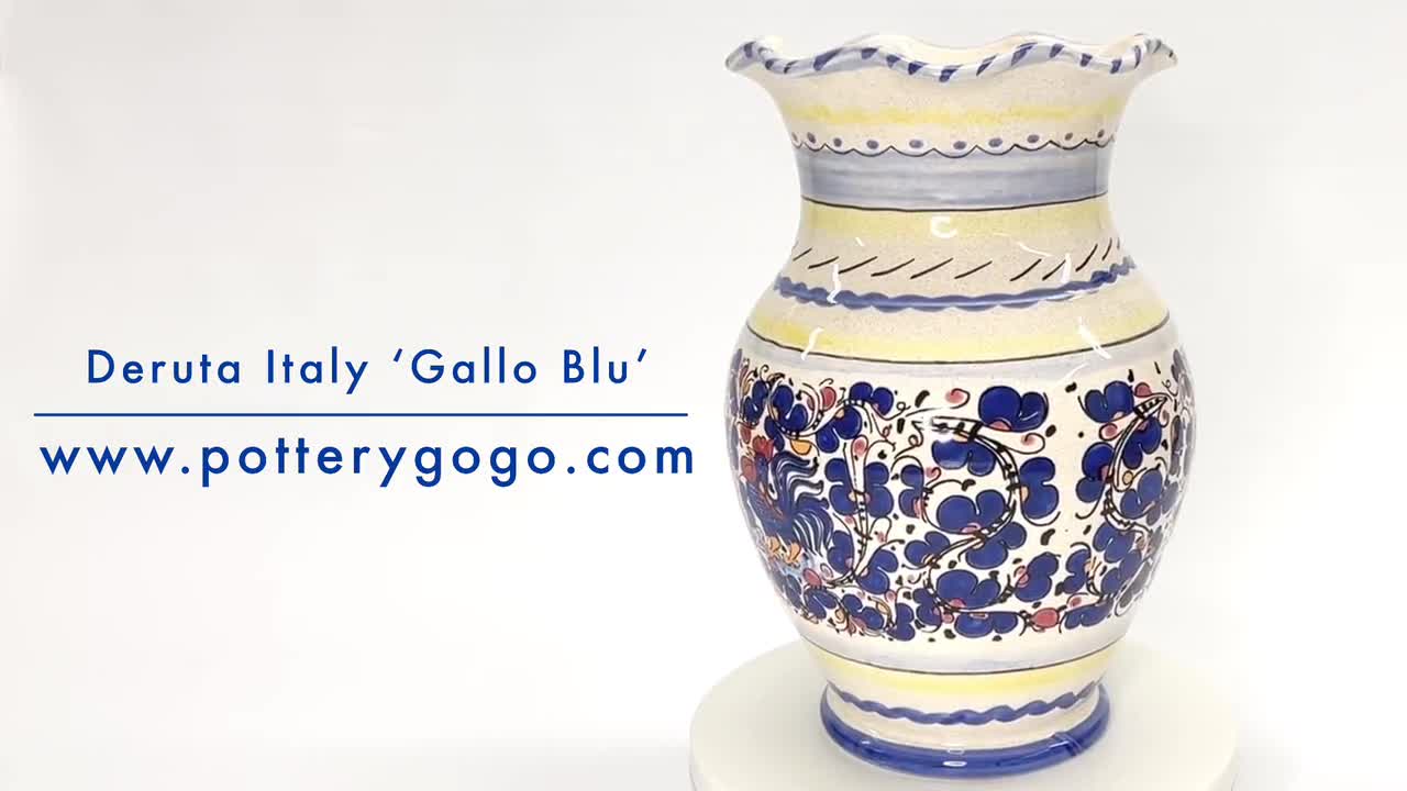 Deruta Italy Pottery Hand Painted Gallo Blu Vegetal Blue Rooster Ruffled  Vase 