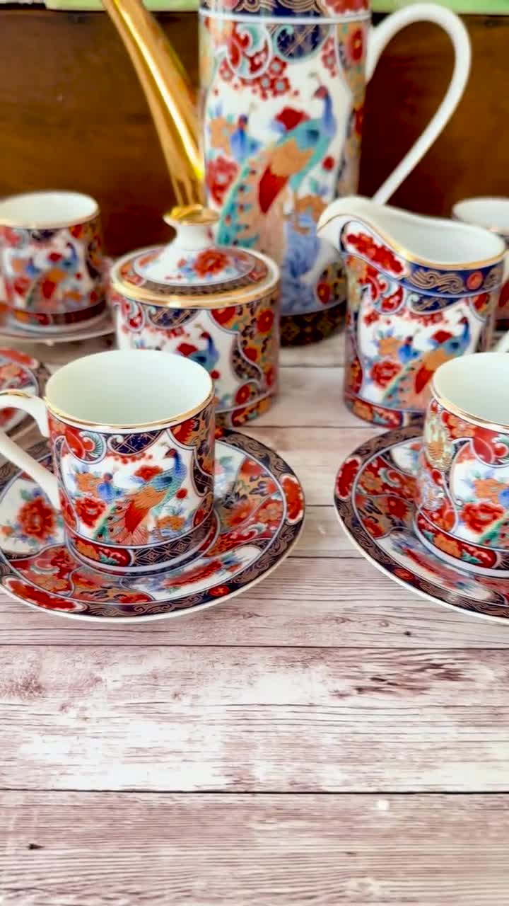 Vintage Arita Imari Peacock Demitasse Tea Set, Japanese Porcelain