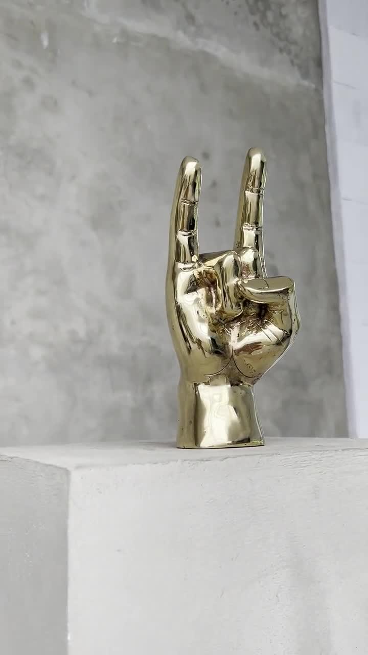 Rock on Hand Gesture Table Sculpture Aged Bronze