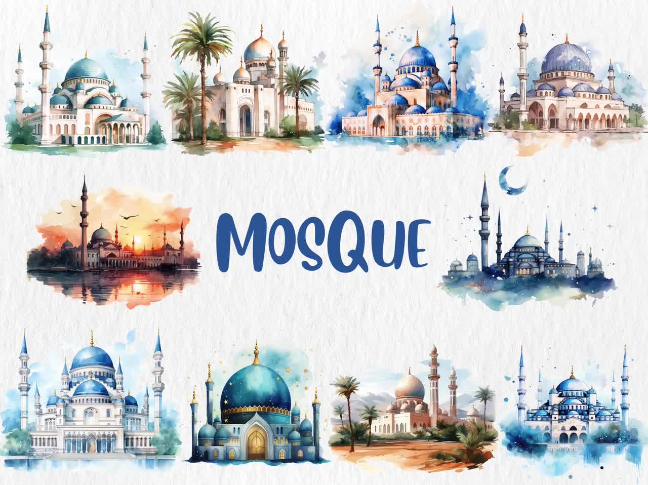 水彩画のモスクのクリップアート：イスラム建築のPNGグラフィック