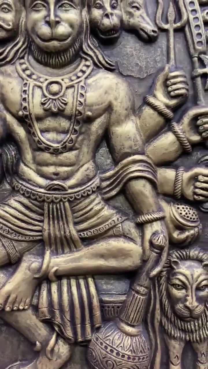 Handmade Panchmukhi Hanuman Relief Mural – Golden Bronze Resin
