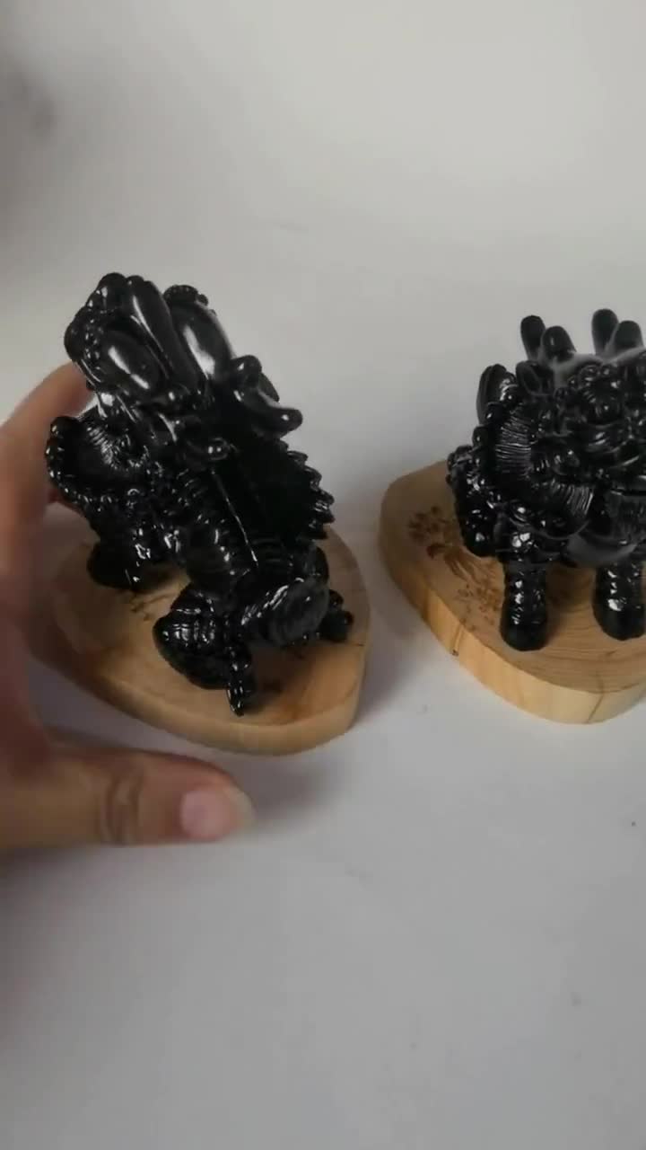 Kirin Statue, Black Obsidian Pixiu Carving, Root Chakra Obsidian