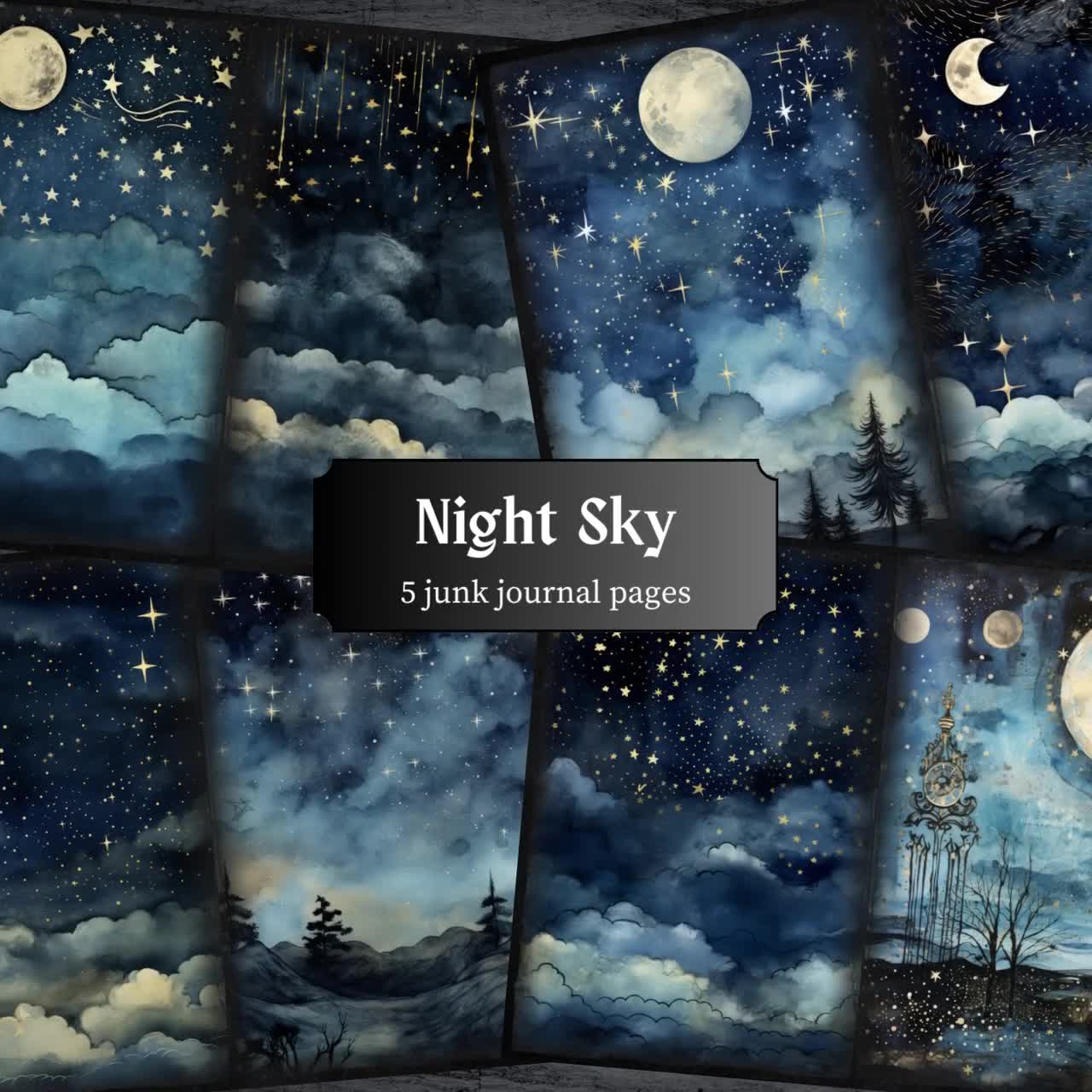 Night Sky Junk Journal Pages, Moon and Stars Scrapbook Page 