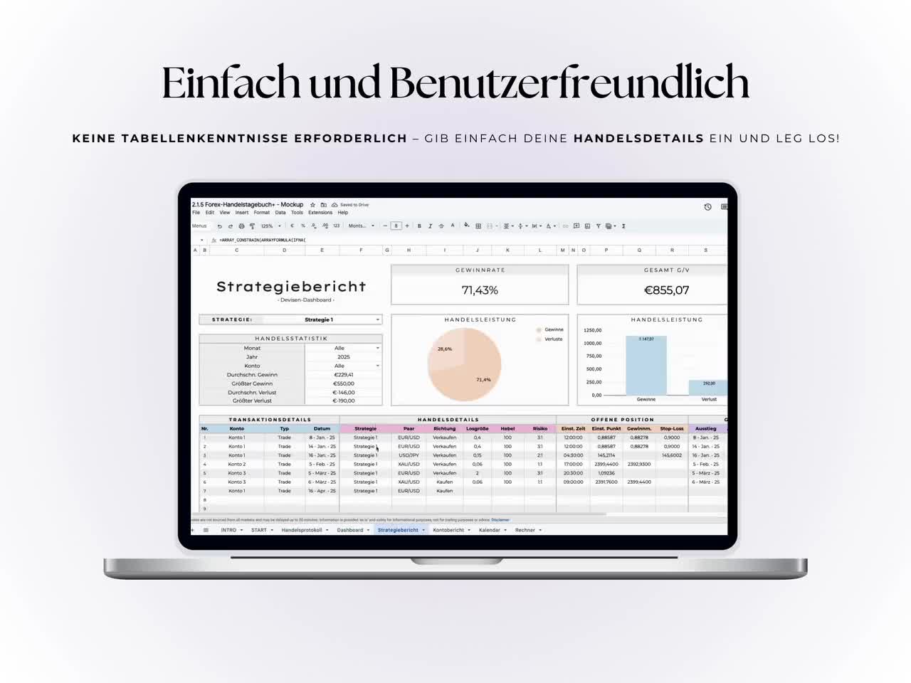 Forex‑Handelsjournal + Google Tabellen Vorlage – 15 Konten | Trade Log |  Kalender | Crypto, Indizes, Rohstoffe