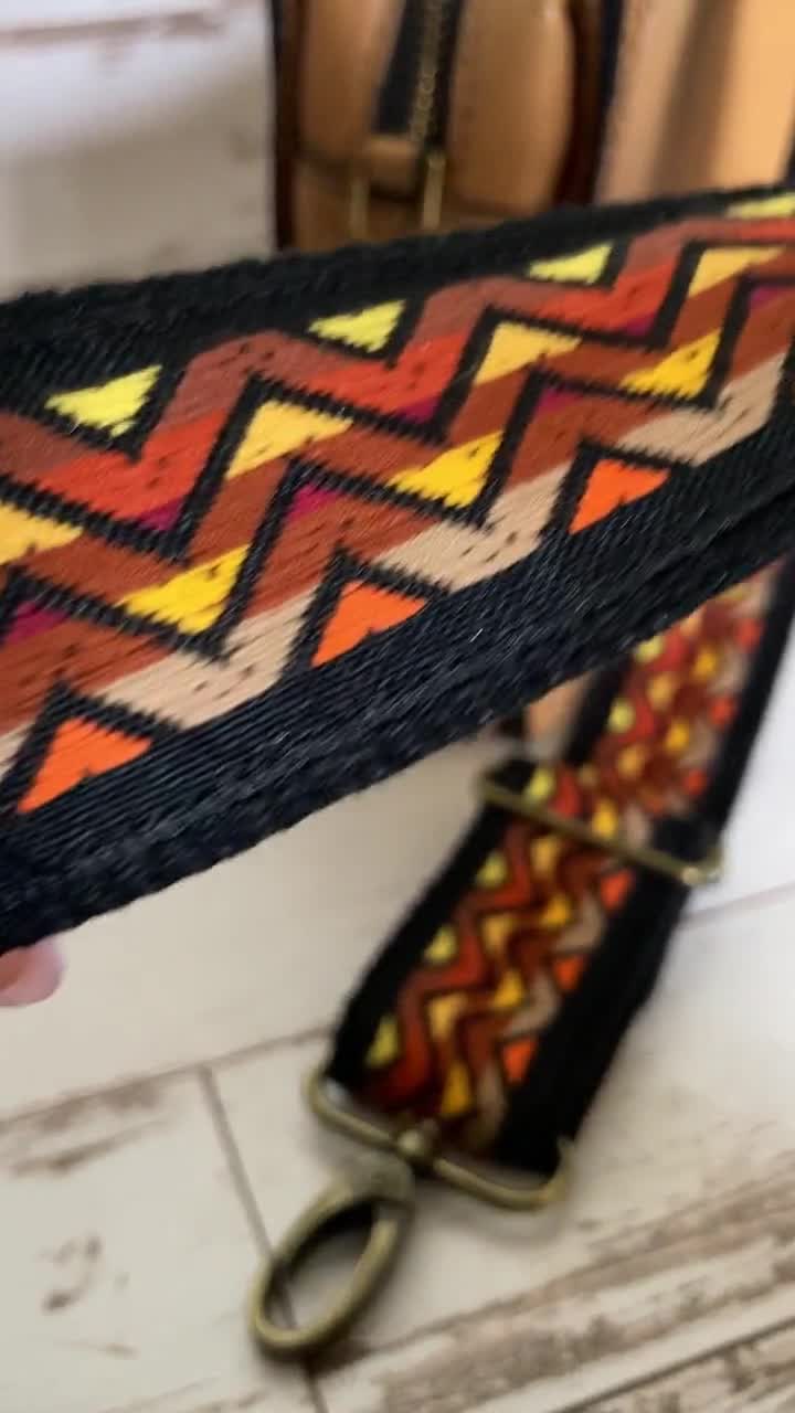 Purse Strap Crossbody, 1.5 Wide Woven Bag Strap Replacement, Embroidered Floral Guitar Strap for Handbag, Adjustable Orange Geometric Strap