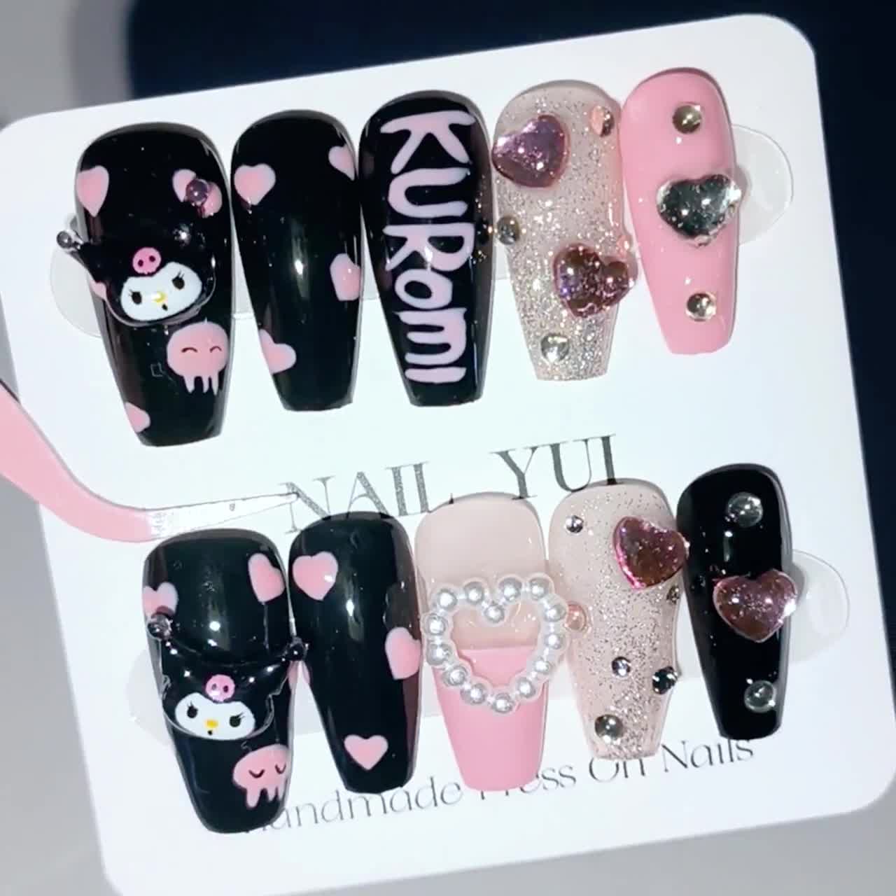 Handmade Black Pink Melody Kuro-mi Press On Nails Cute Nails Kawaii Nails  Y2K Nails Kuromi Nails Bunny Nails Hand Painted Nails Long Nails