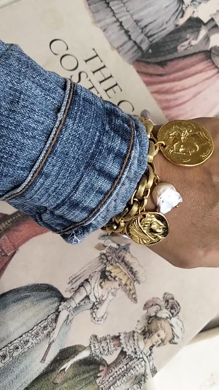 Oversized Gold Coin Bracelet: Baroque Pearls, Ethnic Chain video poster