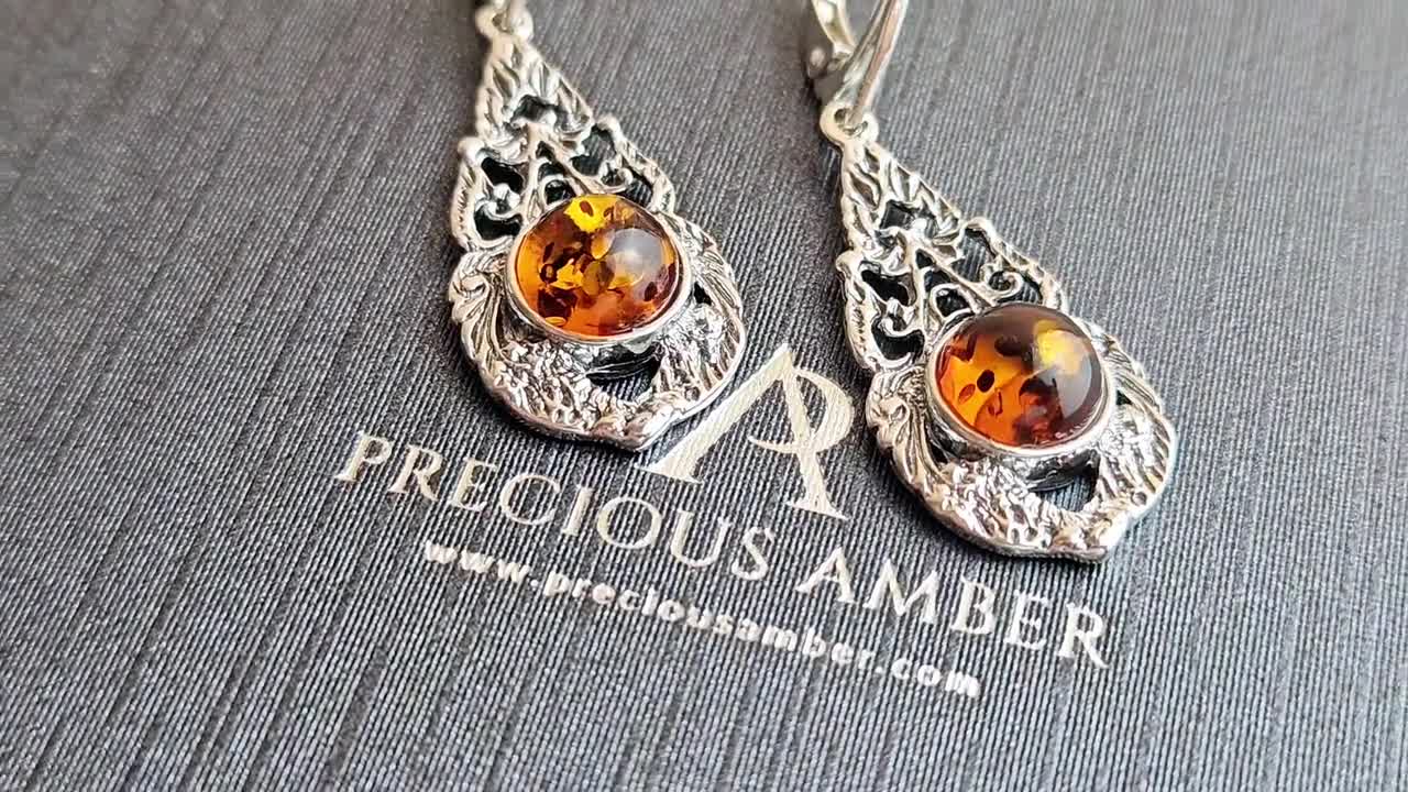 Orecchini pendenti vintage in argento sterling con ambra baltica a forma di goccia - Italia