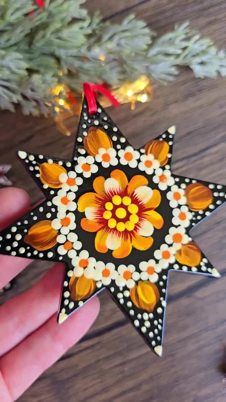 Set of 4 Hand-painted Wooden Star Christmas Ornaments - Handmade