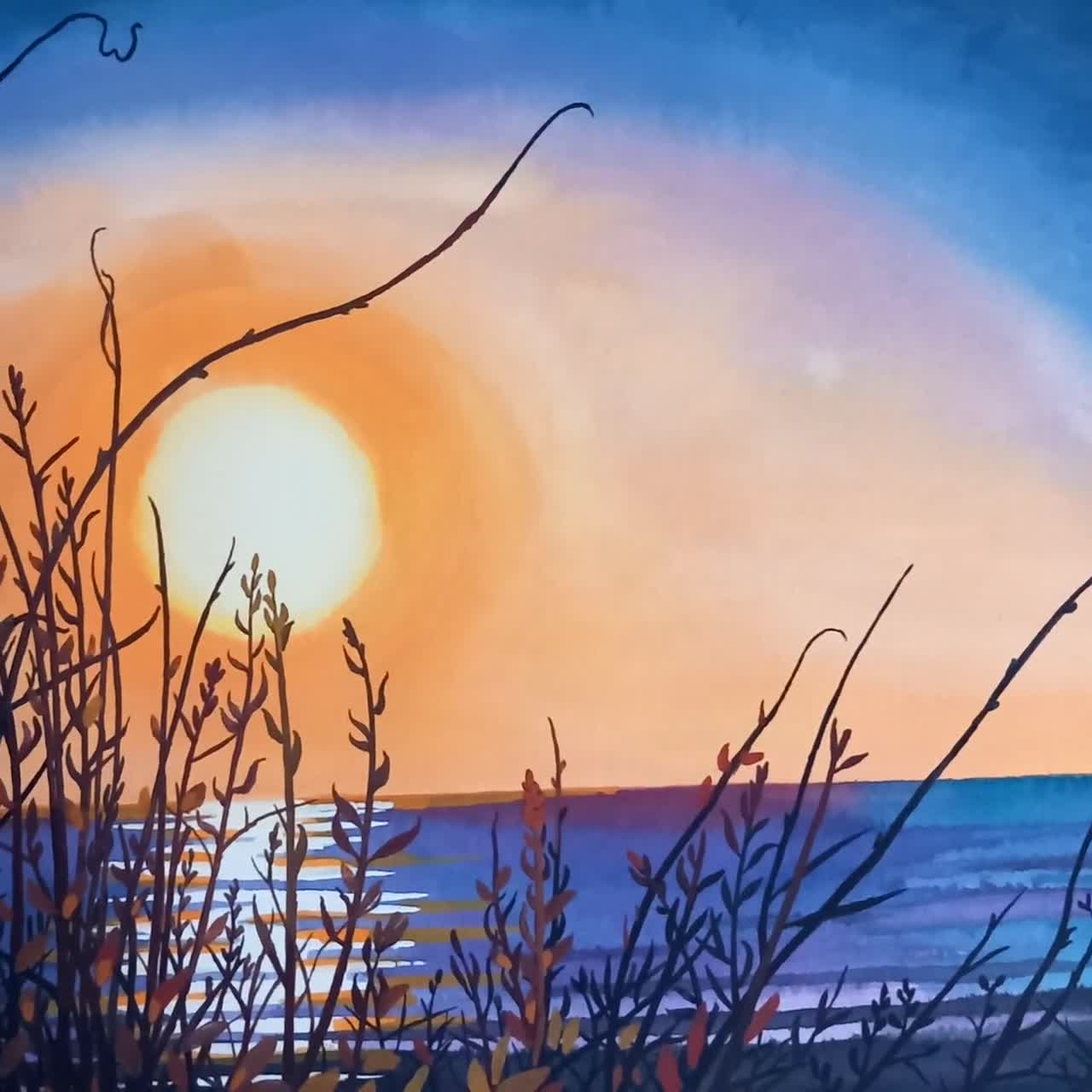 朝の太陽 - オリジナルのガッシュの絵画、海の景色、海景の絵画、海に